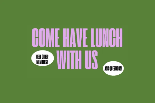 "come have lunch with us" in pink text over green background