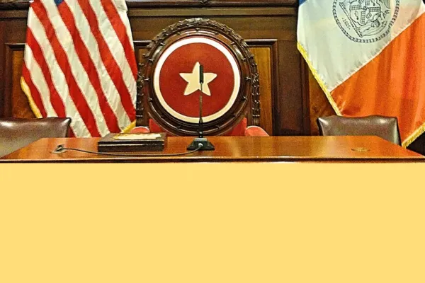 desk with flags at nyc city council
